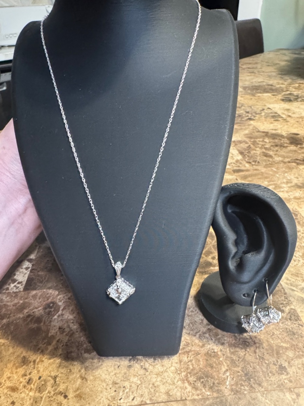 Lia Sophia Silver-Tone Necklace with earrings with Clear Square Pendant
